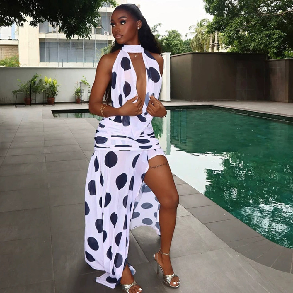 ZARA Black White Polka Dot Slit Uneven High Neck Tie Backless Street Dress